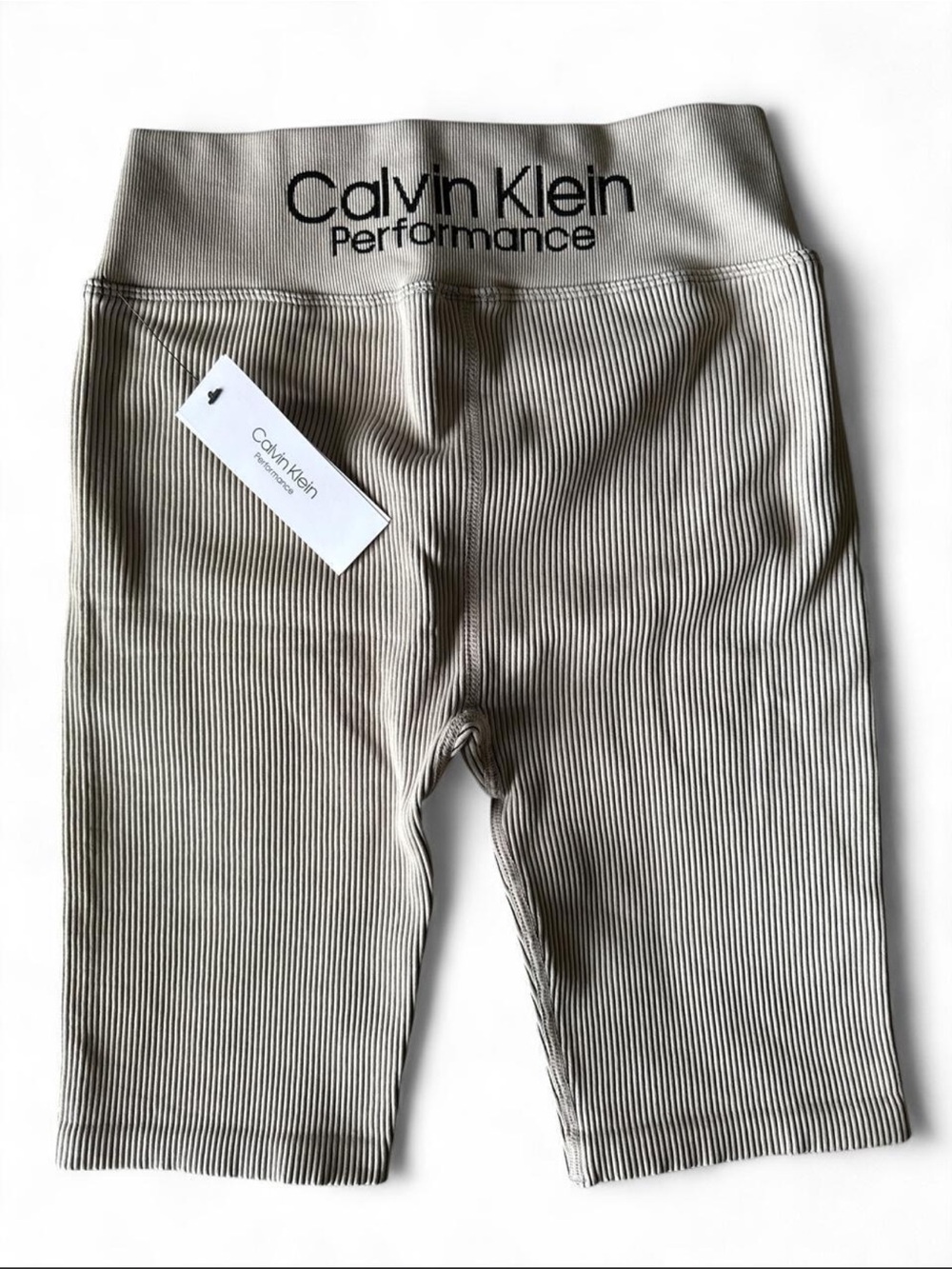 Calvin Klein Performance High Waist Ribbed Biker Shorts in Beige